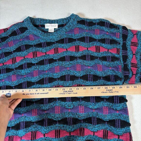 Vintage 90s Cattivo Sweater Coogi Style 3D Knit Size Medium Geometric - Picture 13 of 14